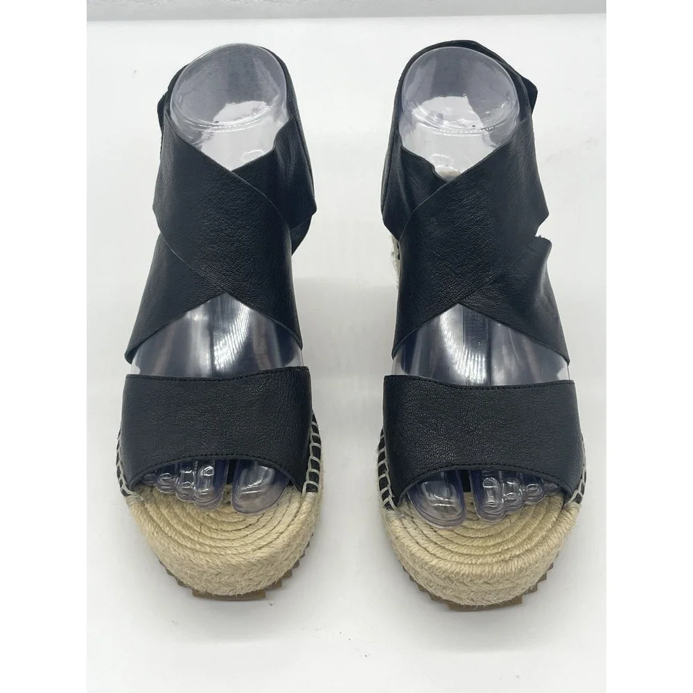 Eileen Fisher Willow Wedge Leather Espadrilles 6.5 Black Minimalist Shoes New